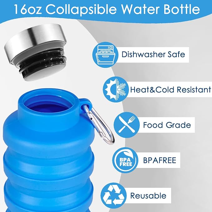 4 Pack Collapsible Water Bottles, 16oz Portable Reusable Silicone Water Bottle, Foldable Water Bottles for Travel Gym Camping Hiking, Leak Proof Sports Water Bottle with Carabiner (Bright Color) - Image 5