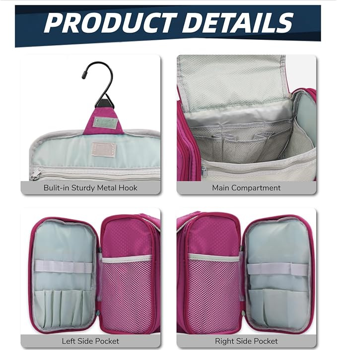 Buruis Large Capacity Waterproof Toiletry Bag for Women, Hanging Toiletry Organizer, 11"x 6.2"x 8.8", Fushcia | Honeycomb Nylon Design, Large Capacity, Dual Zippers, Sturdy Hanging Hook, Full-Size Toiletry Storage, Cosmetic Essentials - Image 4