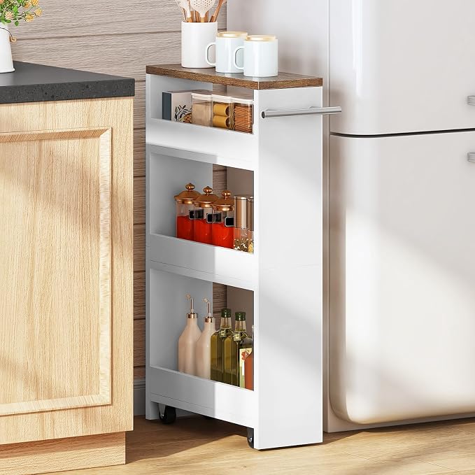 Slim Storage Cart, Slim Storage Rack on Wheels, Rolling Trolley with Handle, Storage Organizer, for Kitchen, Dining Room, Living Room, Laundry Room, White and Walnut MTC01WL by Choezon
