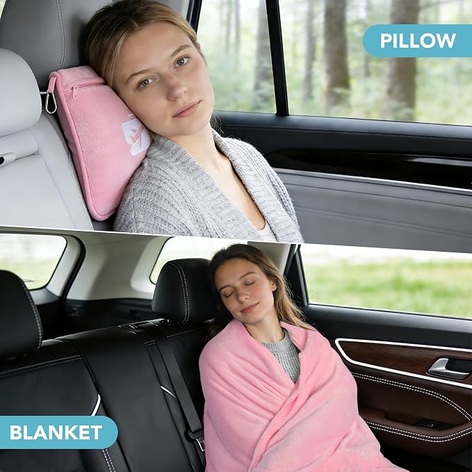 Travel Pillow and Blanket 2-in-1 Set Airplane Pink 60x50 Inch | Plane Packable, Soft Warm and Lightweight Flannel, Hand Luggage Sleeve and Backpack Clip, Plane Flight Car Trips - Image 3
