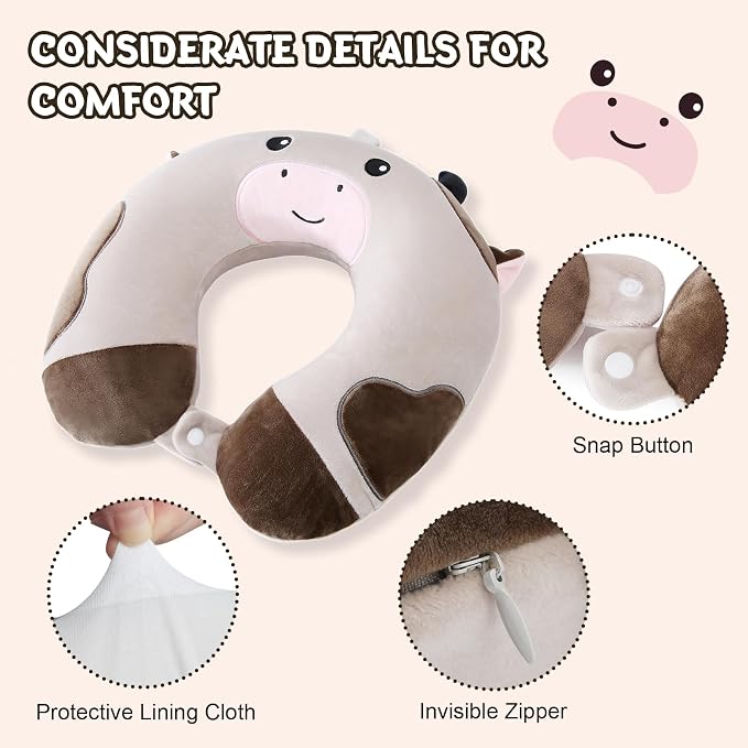 Cirorld Travel Pillow for Kids Adult Cute Neck Pillow for Traveling Memory Foam Airplane Pillow Sleep Mask Animal Flight Pillow Head Rest Neck Support for Cars Long Flights (Cow, 9-12 Y/O) - Image 5