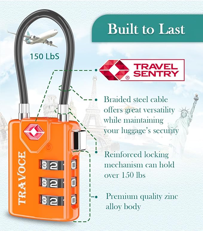 TSA Approved Luggage Locks, Combination Cable Locks, Orange 2 Pack | Search Alert shows TSA key access; resettable 3-digit code and flexible braided steel cable for suitcases and backpacks. - Image 5