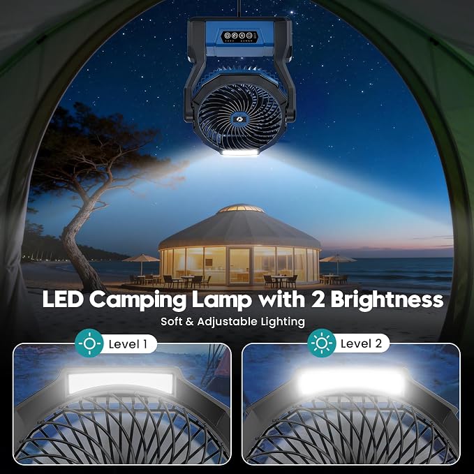 XZK 24000mAh Rechargeable Camping Fan, Battery Powered Portable Travel Fan | 64H Runtime, LED Light, Quiet Desk Fans for Indoor,Outdoor,Fishing,Jobsite & Hurricane Emergency, Gifts for Men Dad Him - Image 5