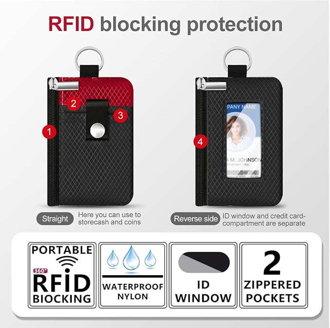 Minimalist RFID Blocking Small Wallet with ID Window,WaterResistant Zip Id Case Wallet with Lanyard Keychain for Cards,Cash,Travel,Women,Men (Black/Red) - Image 2
