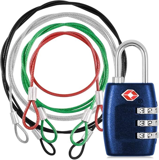 DanziX TSA Approved Lock and 4 Colors Stainless Steel Safety Tether，3-Dial Combination Travel Luggage Lock with Lanyard Security Cable for Protect Your Different Sizes of Suitcase,Baggage-Deep Blue by WelcometotheDanziX