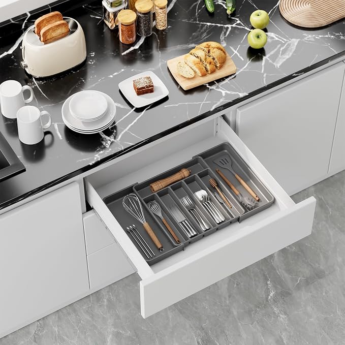 Aujen Silverware Drawer Organizer, Adjustable Utensil Cutlery Tray | Expandable Kitchen Organizer for Forks Knives, Multipurpose Kitchen Storage, Apartment Essentials, Grey, Large - Image 9