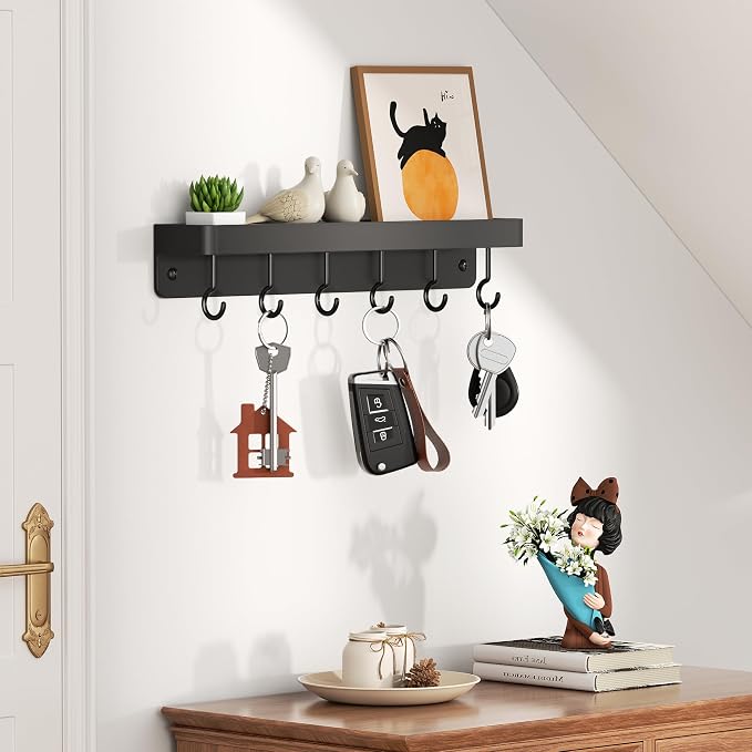 niffgaff Black Key Holder Wall Mount, Stainless Steel Self Adhesive Hooks Rack with Shelf, No Drill Key Hanger for Door and Wall - Image 3