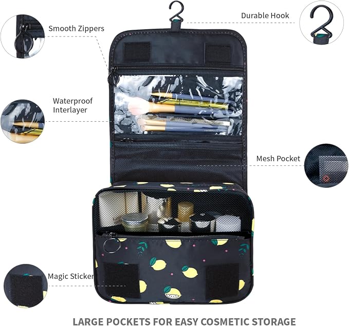 Lcsmaokin Large Capacity Toiletry Bag Travel Bag with Hanging Hook for Men and Women Waterproof Travel Cosmetic Bag Bathroom Storage Bag for Brushes Set,Full-Sized Shampoo,Accessories -Yellow Lemon - Image 3