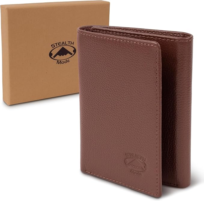 Stealth Mode Trifold Leather Wallet for Men with RFID Blocking | Brown Pebble Top Grain Napa Leather, 9 Card Slots, ID Window, Gift Box – Gift for Dad, Husband, or Son - Image 8