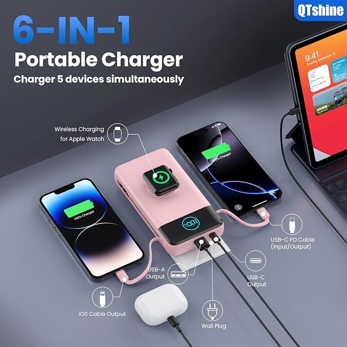 Portable Charger for iPhone, 40800mAh Power Bank with Built-in Cables & AC Wall Plug, 5 Outputs USB C Fast Charging External Battery Pack for iPhone 17/16/15/14, Android, Travel Essential (Pink) - Image 3