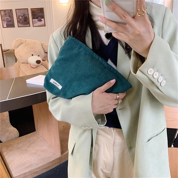 Cosmetic Bags for Women - Corduroy Cosmetic Bag Aesthetic Women Handbags Purses Smile Dots Makeup Organizer Storage Makeup Bag Girls Case Bags (Pure Dark green) - Image 4