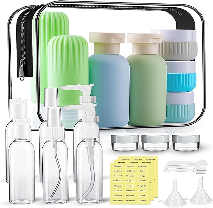 Travel Bottles for Toiletries, 25 Pack TSA Approved Travel Size Containers for Toiletries, Leak Proof Refillable & Squeezable Toiletry Bottles Kit with Clear Bag for Shampoo Lotion Cream Conditioner by KOUWICH