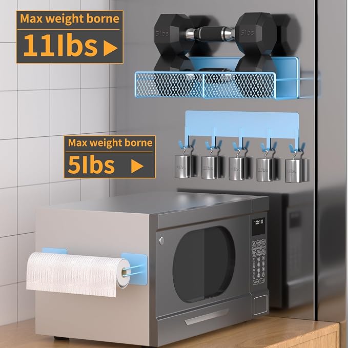 Magnetic Spice Rack for Refrigerator, 10 Pack Metal Magnetic Shelf, Moveable Spice Organizer with Hook Rack, Paper Towel Holder, Kitchenware Holder, Strong Magnetic Storage Fridge Organizer Blue - Image 4
