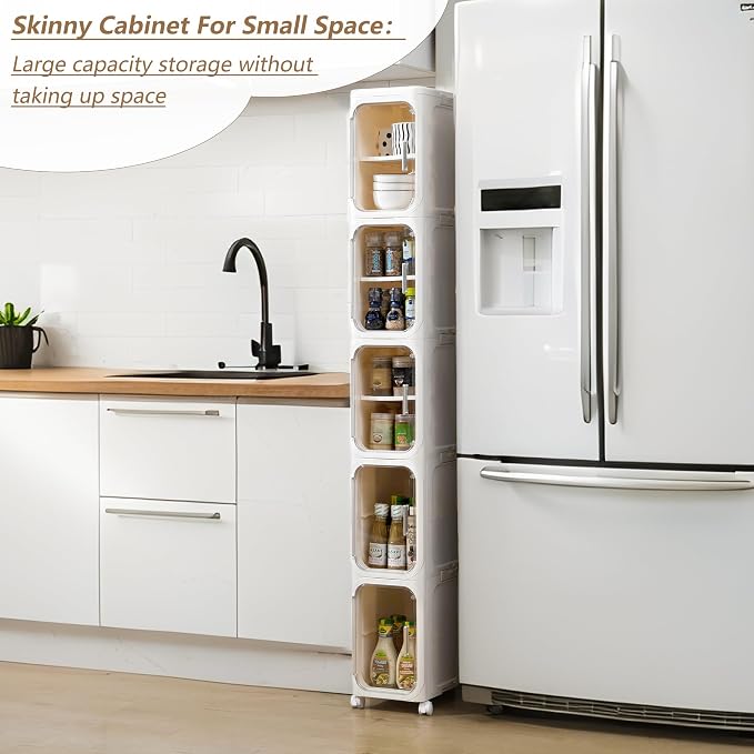 4-Tier Narrow Storage Cabinet Slim Bathroom Tall Skinny Organizer,Beige | Foldable Storage Cabinet with Lockable Rolling Wheels Magnetic Clear Door Adjustable Detachable Shelves For Narrow Space - Image 6