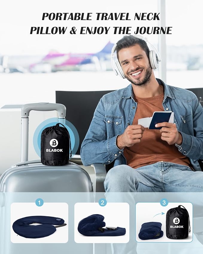 Patented Design Inflatable Travel Neck Pillow – Airplane Neck Pillow with 360° Head & Neck Support, Soft Washable Velvet Cover, Compact Neck Support Pillow for Airplane,Train,Car,Office & Home (Blue) - Image 7