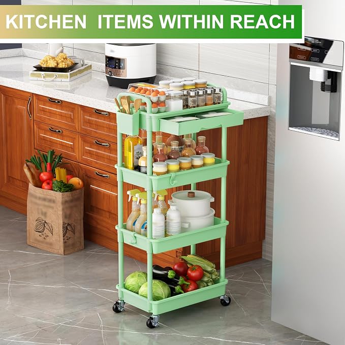 Goovilla 4 Tier Rolling Utility Cart Organizer with Removable Drawer, Green | Stable and Sturdy Rolling Storage Carts with 2 Lockable Wheels for Bathroom, Kitchen, Snack, Craft, Makeup, Baby Essentials - Image 7
