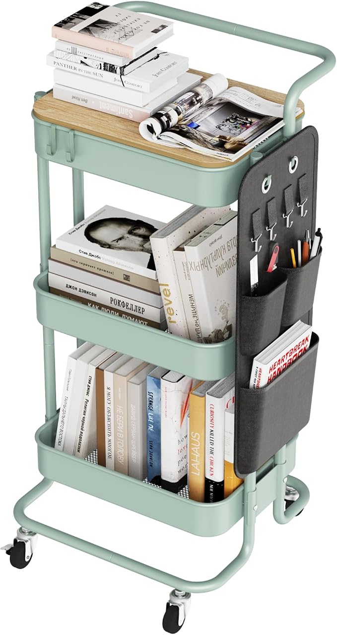 DTK 3-Tier Rolling Cart with Table Top, Metal Utility Cart with Side Bags | Tray Storage Organizer, Lockable Wheels, 4 Hooks, Art Cart for Kitchen, Bathroom, Office, Craft room, Living room, Green by DTK