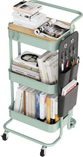 DTK 3-Tier Rolling Cart with Table Top, Metal Utility Cart with Side Bags | Tray Storage Organizer, Lockable Wheels, 4 Hooks, Art Cart for Kitchen, Bathroom, Office, Craft room, Living room, Green by DTK