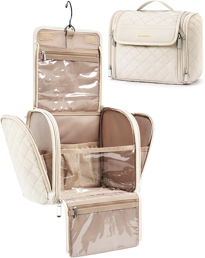 BAGSMART Toiletry Bag Travel Makeup Bag with Hanging Hook, Cosmetic Bag Make Organizer Case, Large Capacity Water-resistant Organizer for Toiletries Accessories Brushes Sponge, Beige - Image 8