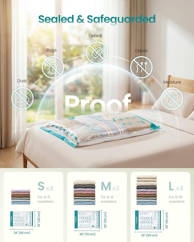 SONGMICS Vacuum Storage Bags, Rechargeable Portable Electric Pump, Space Saver Vacuum Seal Suction Bags for Clothing Travel Bedding, Reusable, 9 Pack, 3S/3M/3L, Transparent ULVB201W101 - Image 3