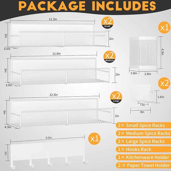 Magnetic Spice Rack for Refrigerator, 10 Pack Metal Magnetic Shelf, Moveable Spice Organizer with Hook Rack, Paper Towel Holder, Kitchenware Holder, Strong Magnetic Storage Fridge Organizer White - Image 2