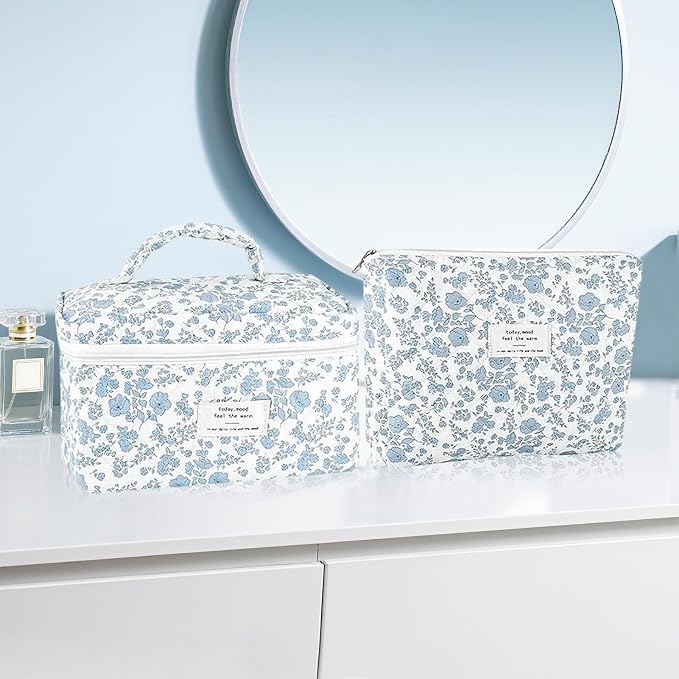 URSKYTOUS 2Pcs Cotton Quilted Makeup Bag for Women Extra Large Small Travel Cosmetic Bag Set Cute Blue Floral Print Makeup Pouch Portable Toiletry Bag Organizer Coquette Vintage Puffy Travel Essential - Image 6