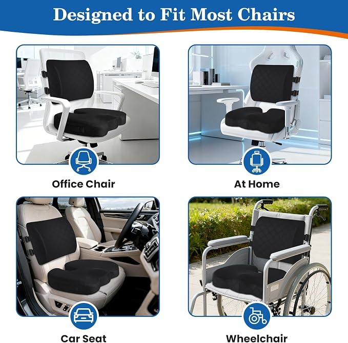 Back&Seat Cushion, Chair Cushions, Lumbar Back Support Pillow, Black/Large | Breathable Memory Foam Back Support Pillow, Portable Airplane Seat Cushion for Travel, Computer Desk, Wheelchair, Driving - Image 6