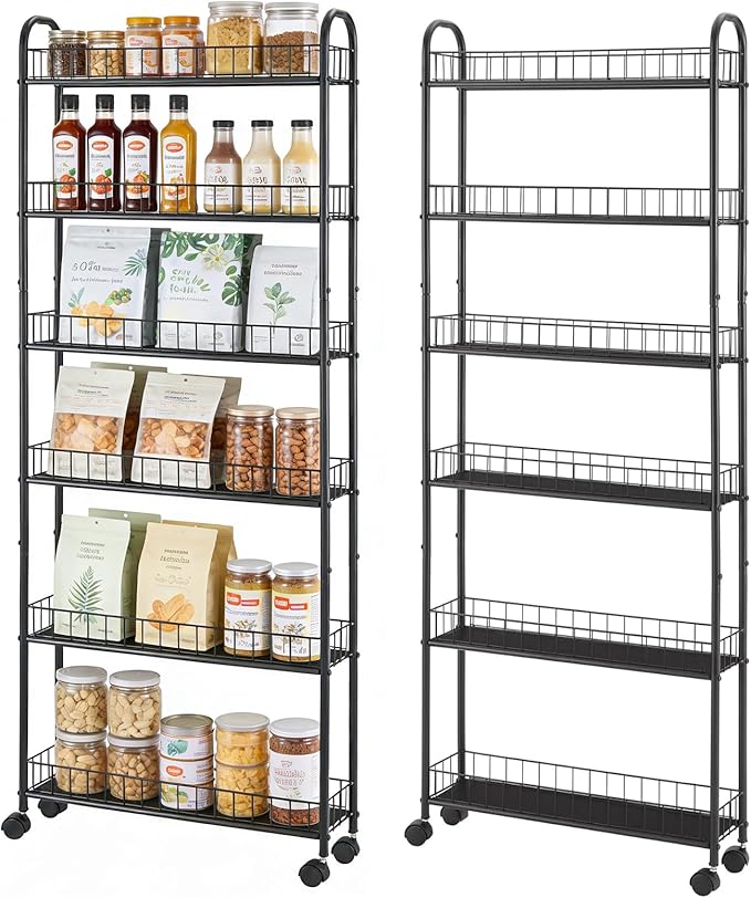 Slim Storage Cart with Wheels, Metal 6-Tier 6in Black Narrow Rolling Shelf, Sturdy Slim Storage with Hooks Ideal for Kitchen, Bathroom, and Laundry Room by RUOZTEOO