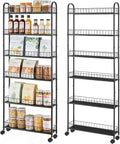 Slim Storage Cart with Wheels, Metal 6-Tier 6in Black Narrow Rolling Shelf, Sturdy Slim Storage with Hooks Ideal for Kitchen, Bathroom, and Laundry Room by RUOZTEOO