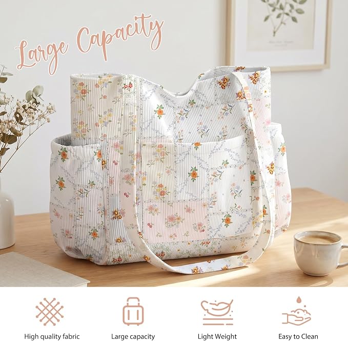 Corduroy Tote Bag for Women,Large Capacity Cute Tote Bags With 6 Pockets,Crossbody Shoulder Handbag for Work Travel Gym - Image 6