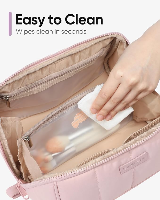 NISHEL Travel Makeup Bag for women, Organizer Pouch Cosmetic Case | Open-flat design keeps cosmetics, brushes, and beauty tools organized for travel and daily routines, Medium, Pink - Image 6