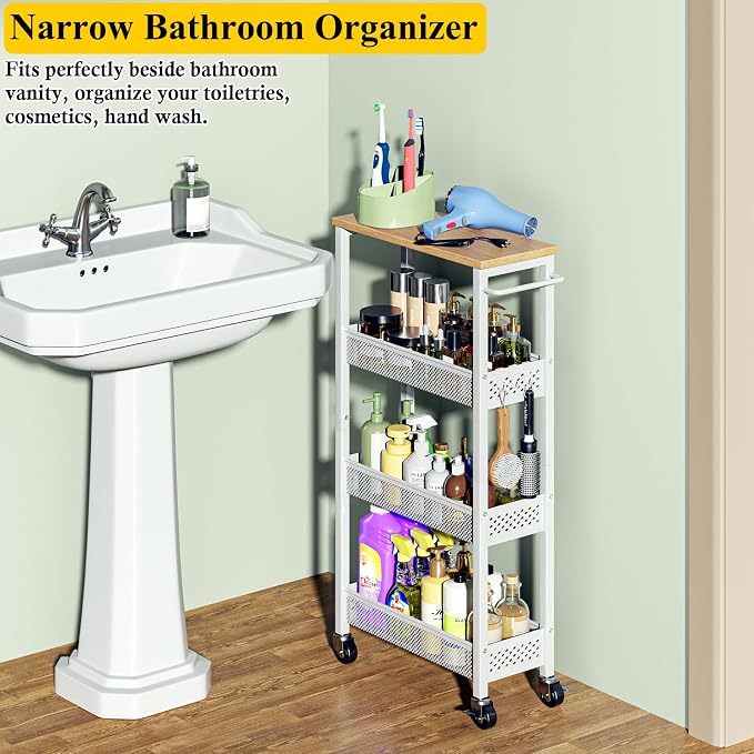 OKZEST Slim Laundry Room Organization Cart with Upgraded Metal Hub Casters | Fits between washer & dryer, 4-Tier space-saving narrow rolling cart, Premium wood top & metal mesh shelf, with handle & hook - Image 5