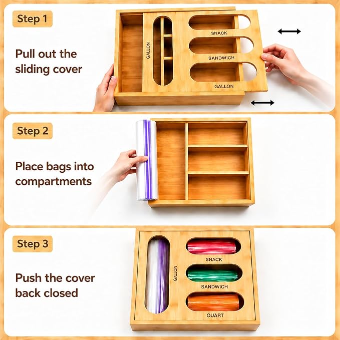 4 in 1 Bamboo Bag Storage Organizer for Sandwich, Snack, Quart,Gallon Bags - Image 4
