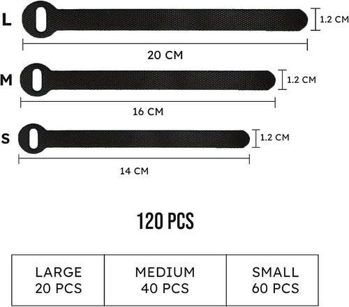 120 PCS 5/6/8 Inch Reusable Cable Ties for Cords – Data Cable Organizer Ties – Cord Wraps for Charging Cords – Electrical Wire Straps, Black - Image 2