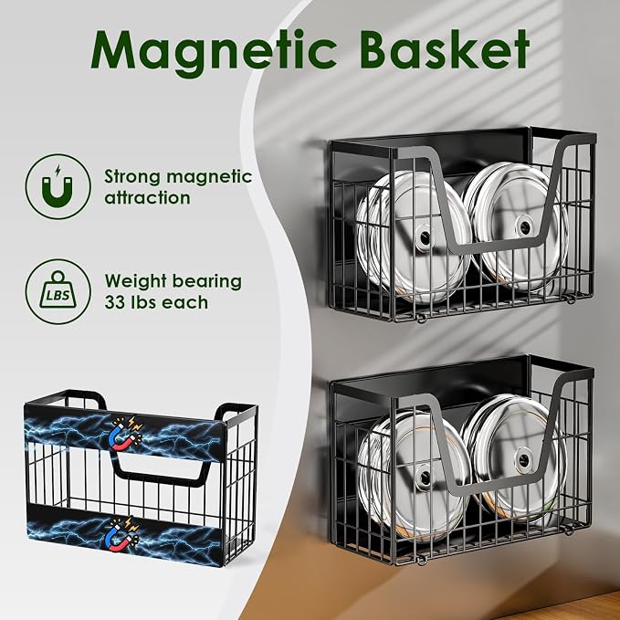 4-Pack Magnetic Fridge Shelf, Black Fruit Basket Potato Storage | Magnetic Shelf Refrigerator Organizer for Fruit & Veggie, Potato Onion Storage Bin; Multi-Use For Kitchen, Pantry & Laundry - Image 2