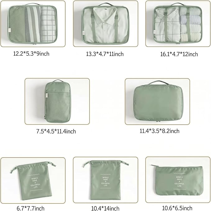 LANSKLBD 6/8 Set Packing Cubes for Suitcases Travel Luggage Packing Organizers,Travel Accessories Essentials Luggage Organizer with Shoe/Tioletry/Laundry Bag (Matcha Green, 8 set) - Image 7