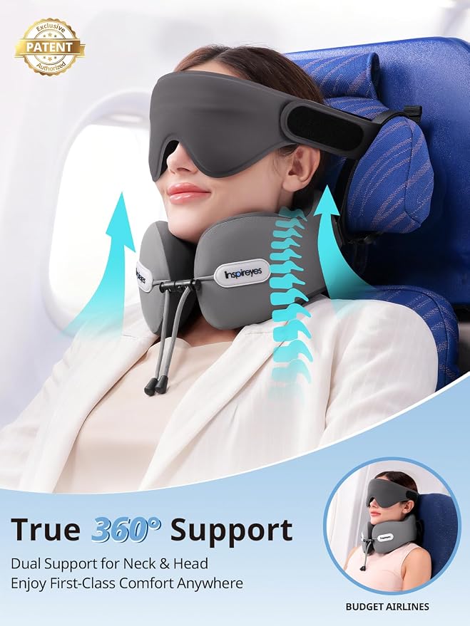 Travel Neck Pillow Seat Strap System, Long Flight Stable Support | High Supportive Foam Airplane Pillow, 3D Sleep Mask, 360° Headrest, Sleep Support, Stop Bobblehead Travel Essential, Grey - Image 2
