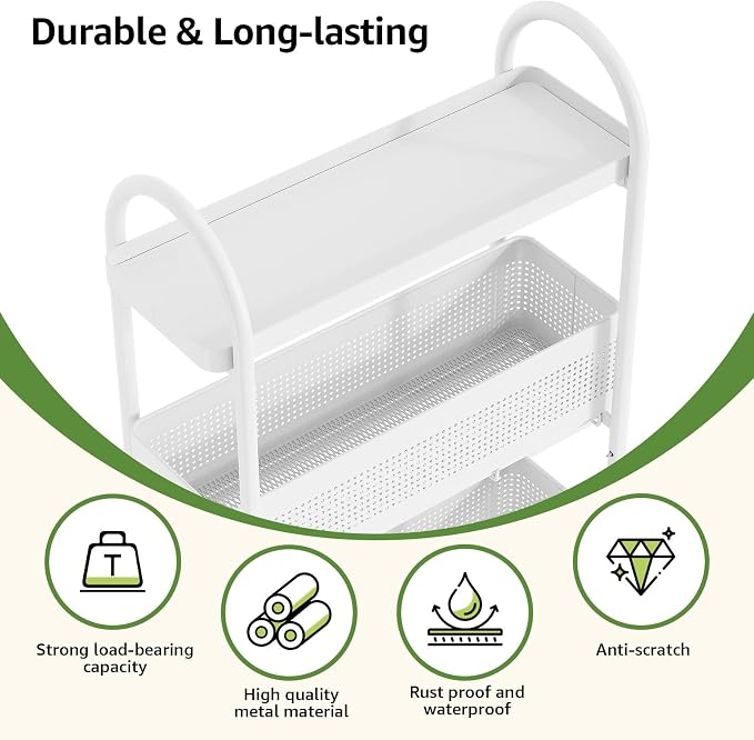 KINGRACK 3 Tier Slim Rolling Cart with Drawer, Metal Utility Storage Cart | 2 Pull-out Baskets, Lockable Wheels, Narrow Space Trolley Organizer for Bathroom, Kitchen, Office, Dorm, Laundry Room, White - Image 5