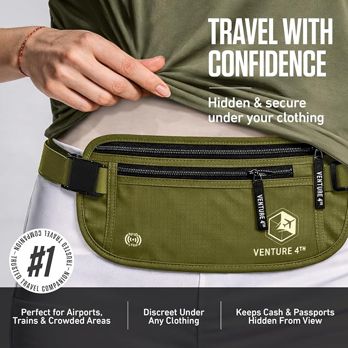 VENTURE 4TH Travel Money Belt, RFID Blocking Passport Holder - Green - Image 4