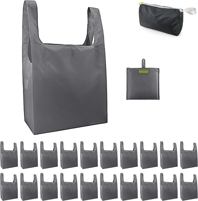 BeeGreen Grey Reusable Shopping Bags Wholesale Gray Reusable Grocery Bags Bulk Foldable-Machine Washable with Zipper Storage Pouch 20 Pieces by BeeGreen