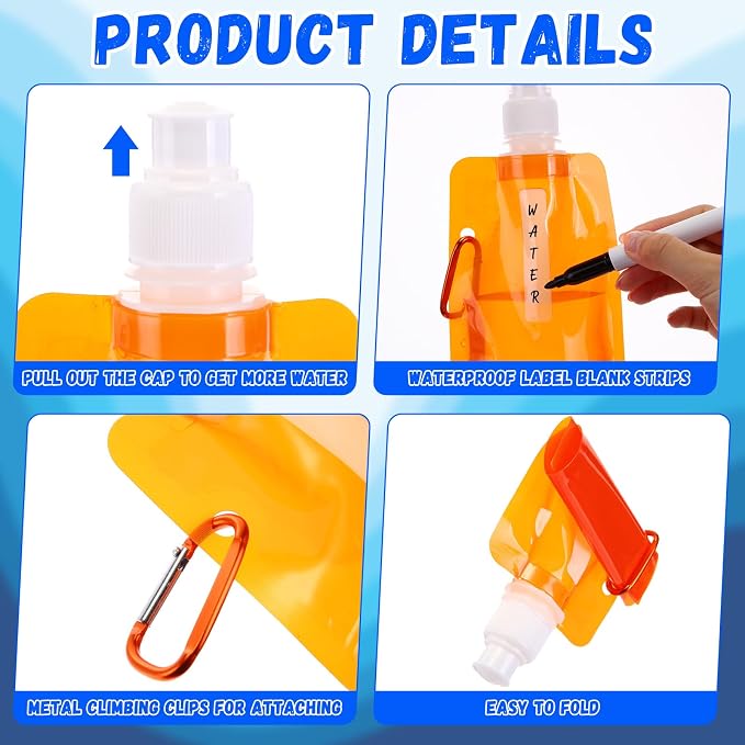 Teenyyou 48 Pack Collapsible Water Bottles Bulk 16oz Foldable Water Bottles with Carabiner Reusable Drinking Leak Proof Container Bags for Sport Biking Hiking Camping Travel Outdoor (Multiple Colors) - Image 3