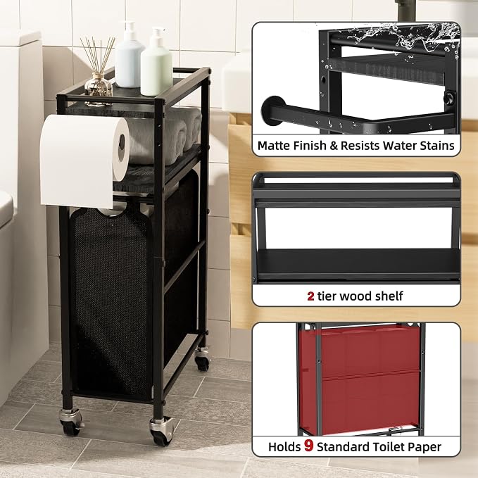 Toilet Paper Holder with Storage Bag & Wheels - Freestanding Bathroom Organizer Holds 9 Rolls for Small Spaces, Essentials Storage Beside Toilet-Black - Image 3