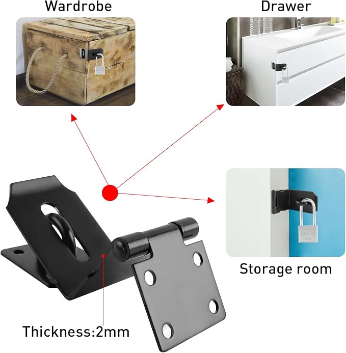 HOWDIA 4 Inch Door Hasp Latch 90 Degree, Stainless Steel Safety Right Angle Padlock Hasp Locking Latch Security Door Clasp Hasp Lock Latch for Push/Sliding/Barn Door, 2mm Thick, Brushed Black - Image 3