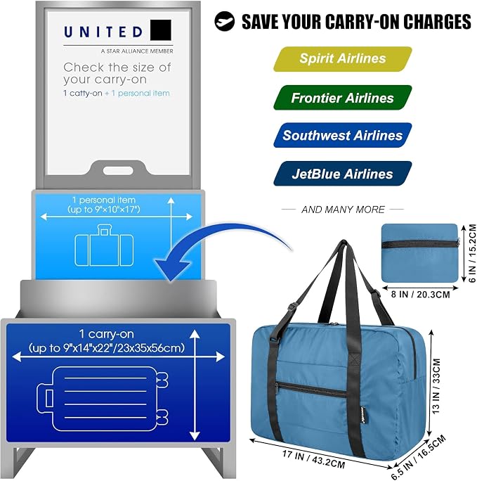 Duffle Bag for Travel Foldable Personal Item Travel Bag, 23L, Airforce Blue | Carry On Duffel Bag Women Men Frontier Airlines Personal Item Bag Hospital Weekend Overnight Trips - Image 2