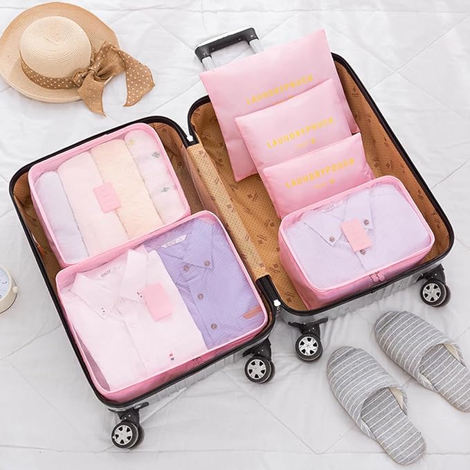 INVODA 7 piece Multi-size Packing Cubes for Travel Suitcase Organizer Bags Lightweight Travel Bags (Pink) - Image 8