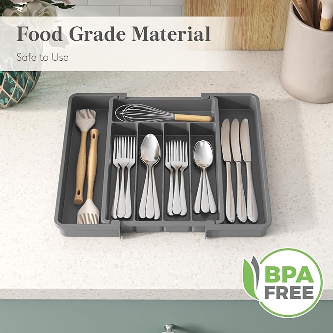 Lifewit Expandable Silverware Drawer Organizer, Kitchen Utensil Tray | BPA-free Plastic Flatware Cutlery Holder, Space-Saving Storage for Spoons Forks Knives, 8.5-14 x 12 x 1.5“, Dark Gray - Image 6