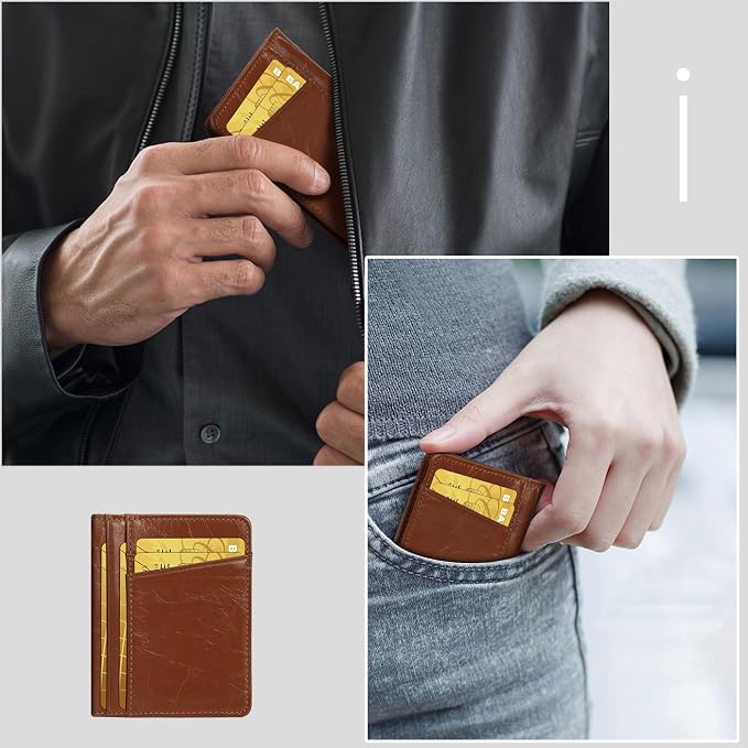 Unaone Slim Minimalist Wallet - Premium Leather Card Holder RFID Blocking Card Case with 8 Card Slots and 2 ID Window, Crackle Brown - Image 6