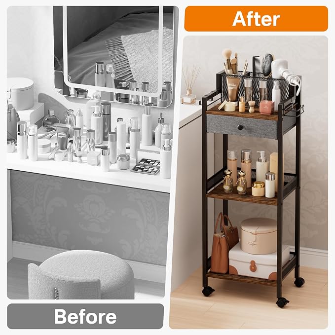 Bathroom Stand, Makeup Cart with Drawer for Cosmetic and Skincare | 3 Tier Metal Rolling Standing Unit for Bathroom, Bedroom, with Hair Organizer Storage, Vanity Storage for Women 12.8in Wide - Image 7
