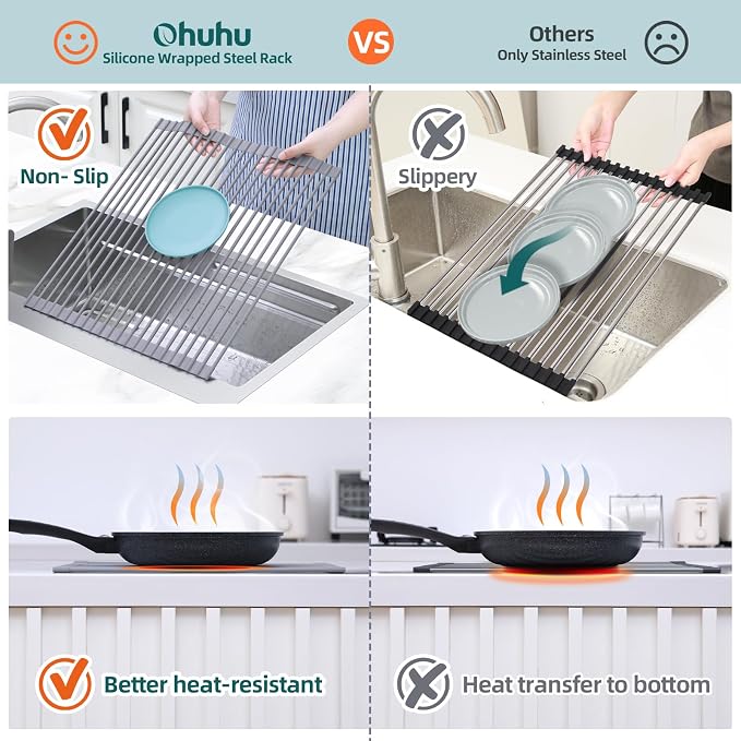 Ohuhu Over Sink Dish Drying Rack Silicone Wrapped 17.6" W x 15.4" L Large Over the Sink Roll Up Dish Drainer - Foldable Sink Drying Rack Rolling Drain Mats Anti-Slip Multipurpose for Kitchen Counter - Image 5