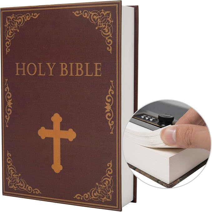 Real Paper Transfer Book Safe, Hollow with Secret Hidden Compartment, Combination Lock, 8.7"×6"×2" (Bible-Combination) by PACOLO